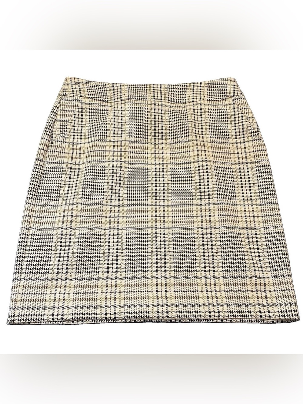 Cabi Houndstooth Plaid Mini Skirt Cream Tan Exposed Back Zip⁠ Women's Size 12